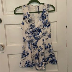 Blue & White floral romper with front cutout